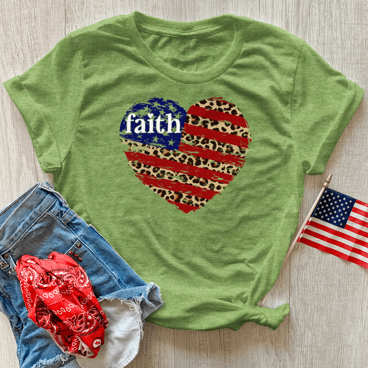 Faith Leopard Flag Heart Heathered Tee