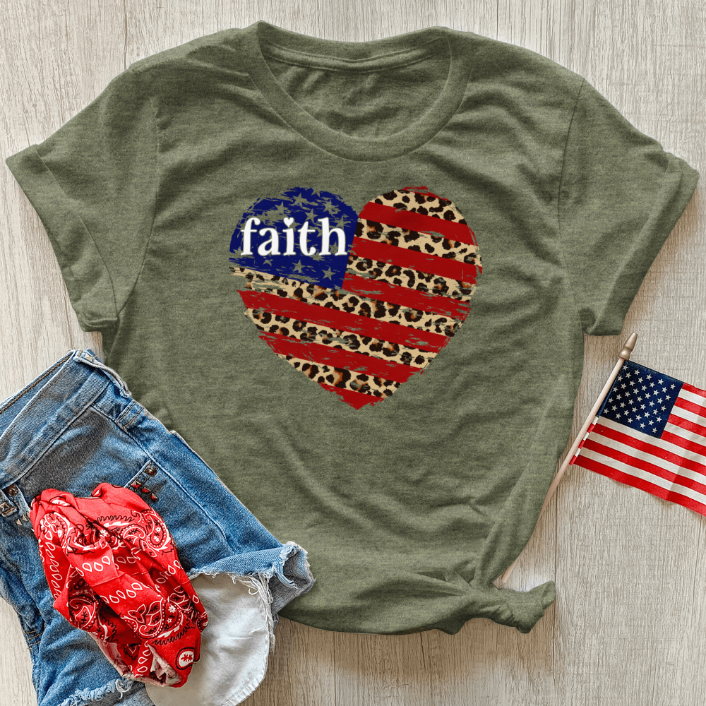 Faith Leopard Flag Heart Heathered Tee