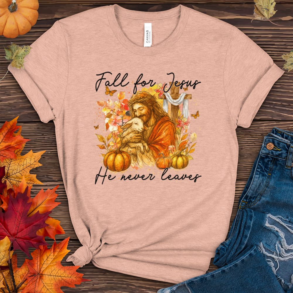 Fall For Jesus He Never Leaves Heathered Tee