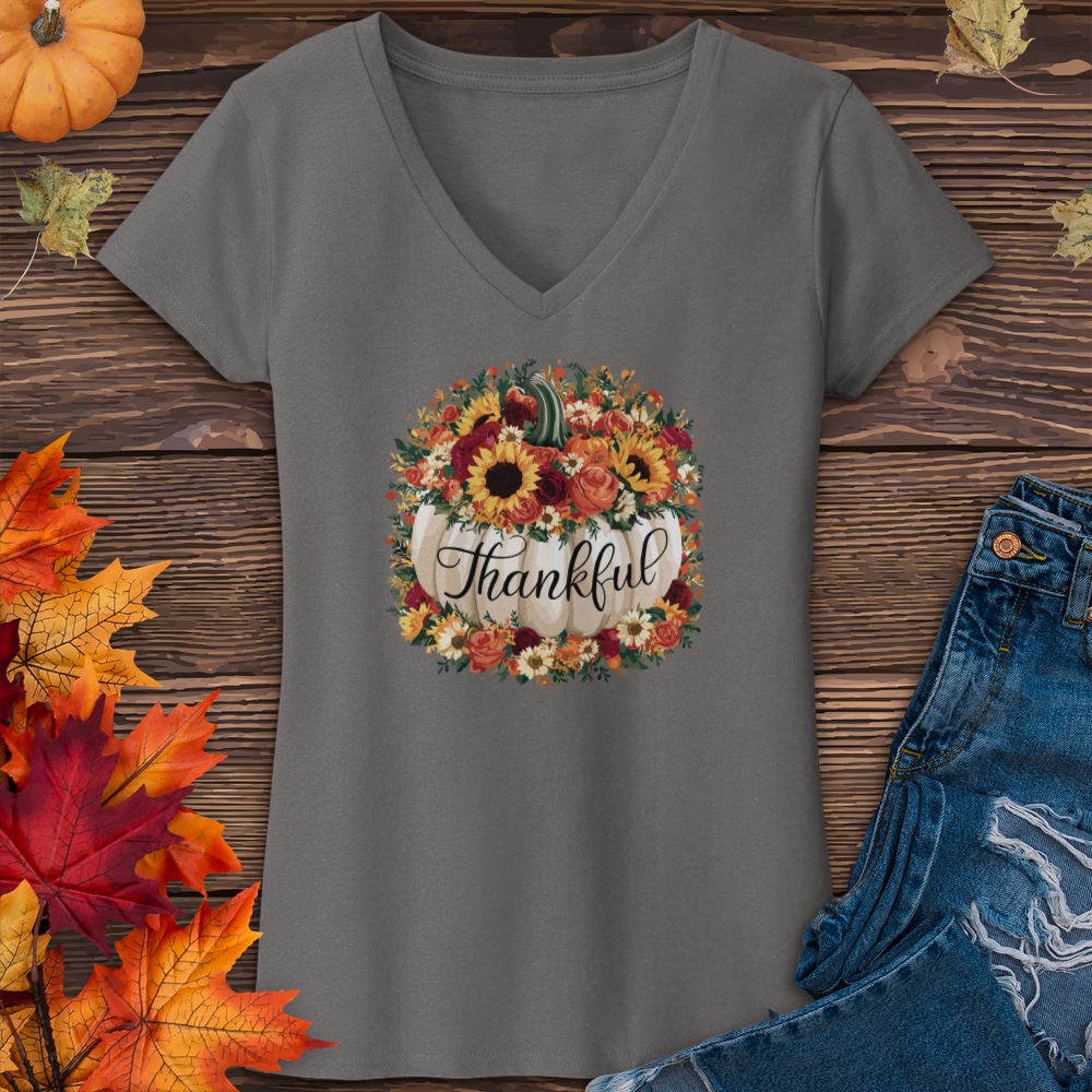 Floral Thankful Pumpkin V-Neck Tee