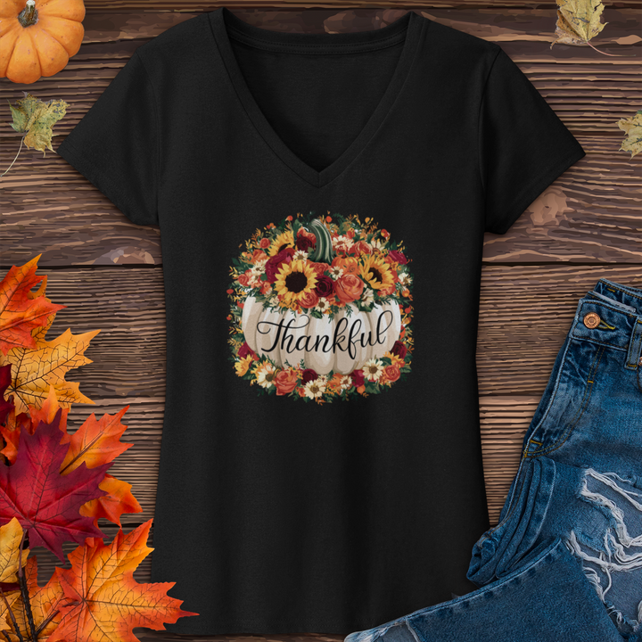 Floral Thankful Pumpkin V-Neck Tee