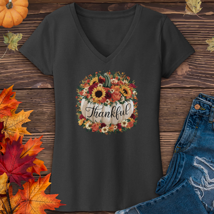 Floral Thankful Pumpkin V-Neck Tee