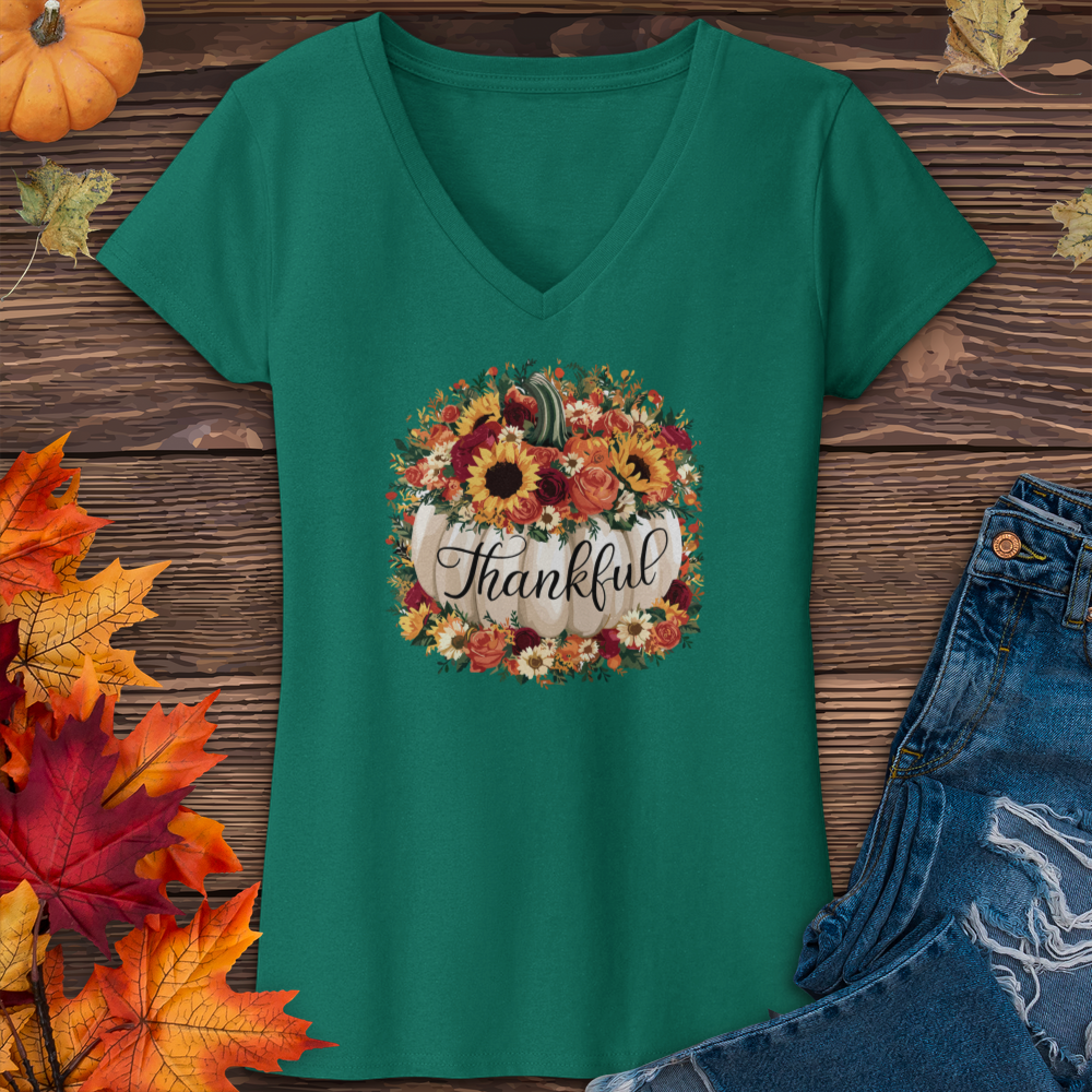 Floral Thankful Pumpkin V-Neck Tee