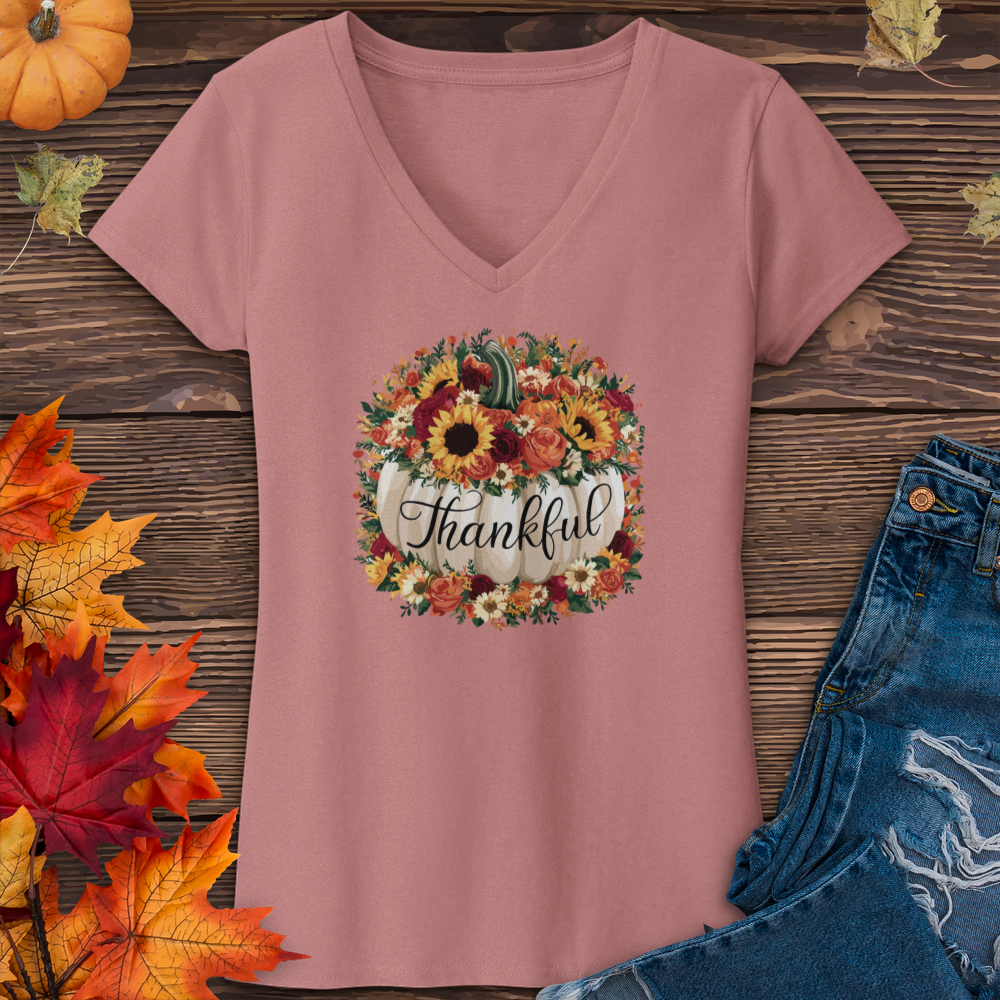 Floral Thankful Pumpkin V-Neck Tee