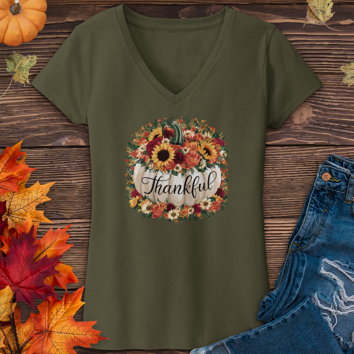 Floral Thankful Pumpkin V-Neck Tee