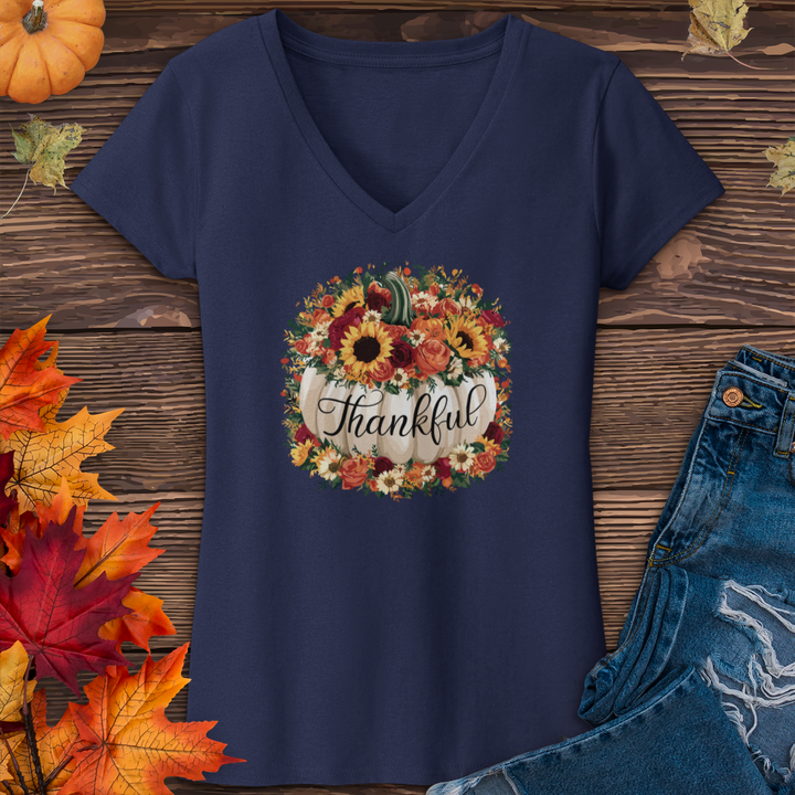 Floral Thankful Pumpkin V-Neck Tee