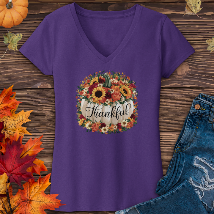 Floral Thankful Pumpkin V-Neck Tee