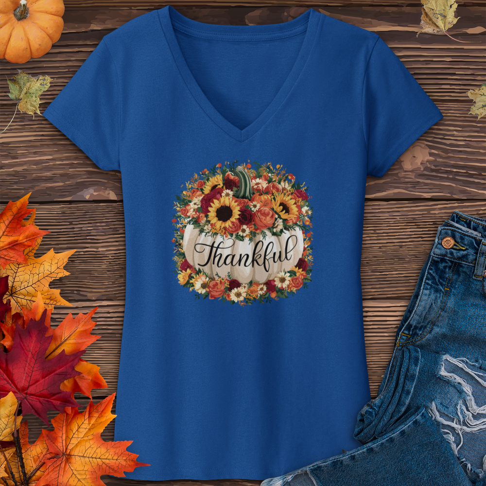 Floral Thankful Pumpkin V-Neck Tee