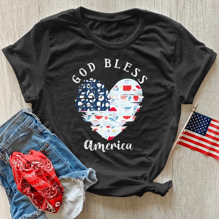 God Bless America Flower Heart Heathered Tee