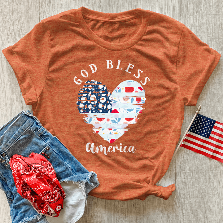 God Bless America Flower Heart Heathered Tee