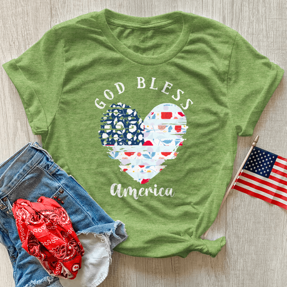 God Bless America Flower Heart Heathered Tee