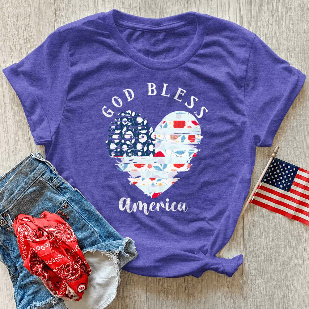 God Bless America Flower Heart Heathered Tee