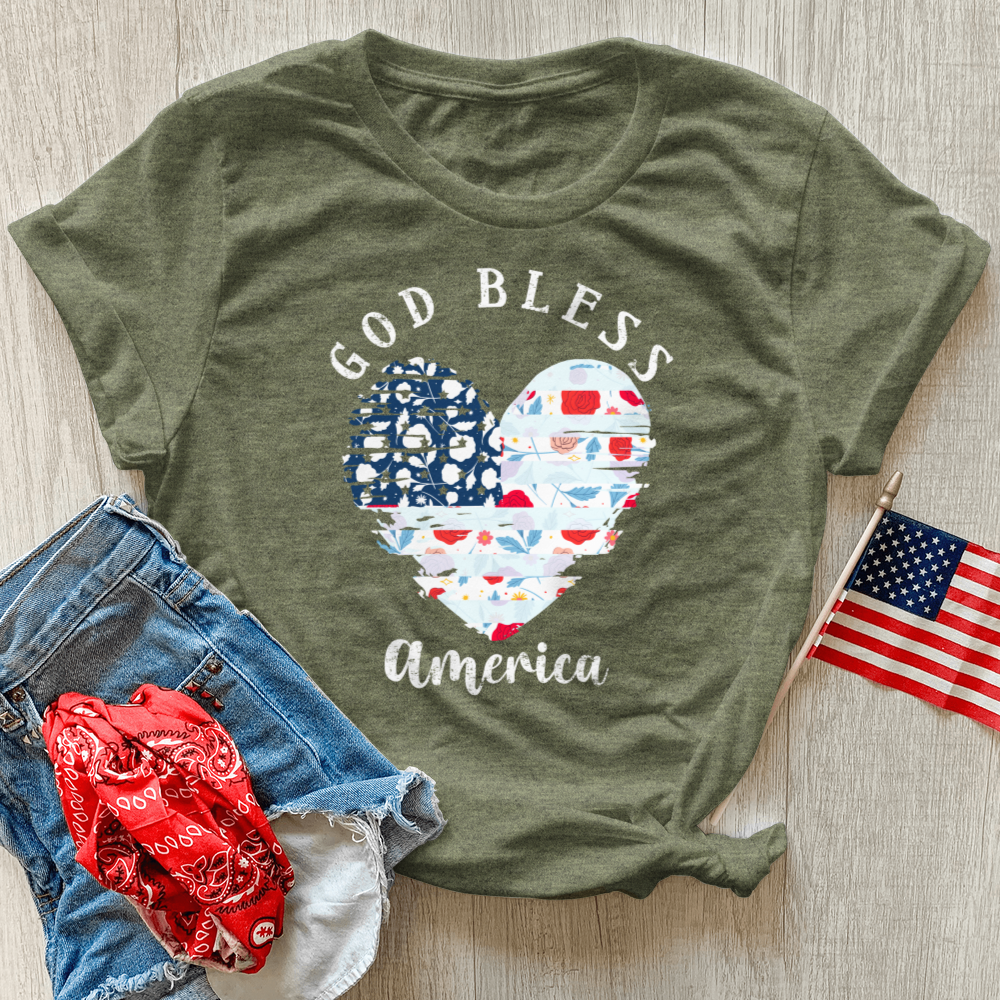 God Bless America Flower Heart Heathered Tee