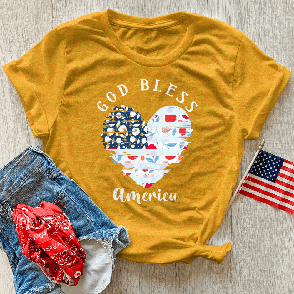 God Bless America Flower Heart Heathered Tee