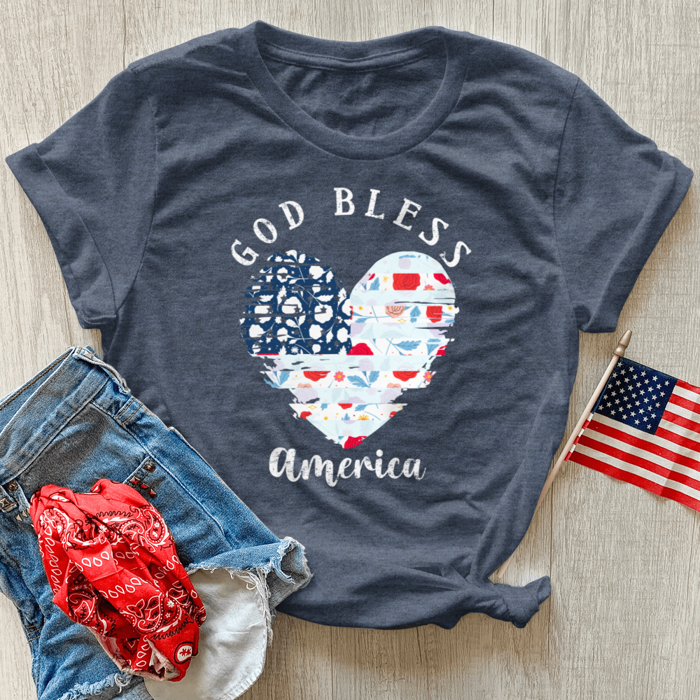 God Bless America Flower Heart Heathered Tee