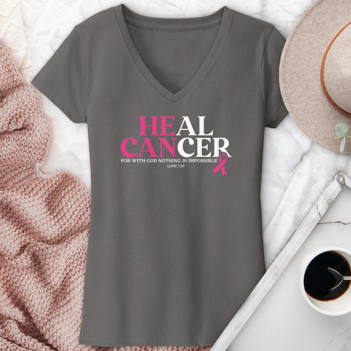 He Can Breast Cancer Awareness V-Neck Tee