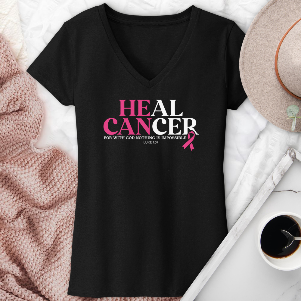He Can Breast Cancer Awareness V-Neck Tee