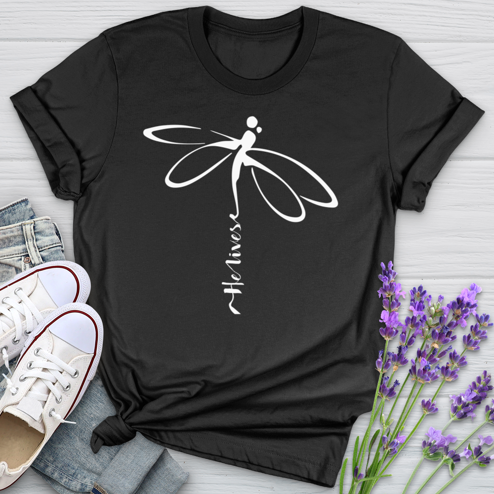 He Lives Dragonfly White Softstyle Tee