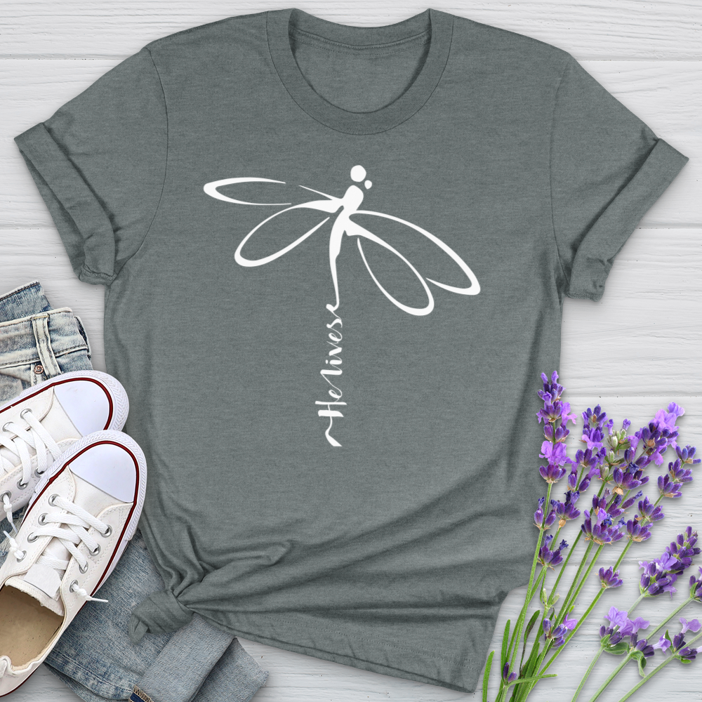 He Lives Dragonfly White Softstyle Tee