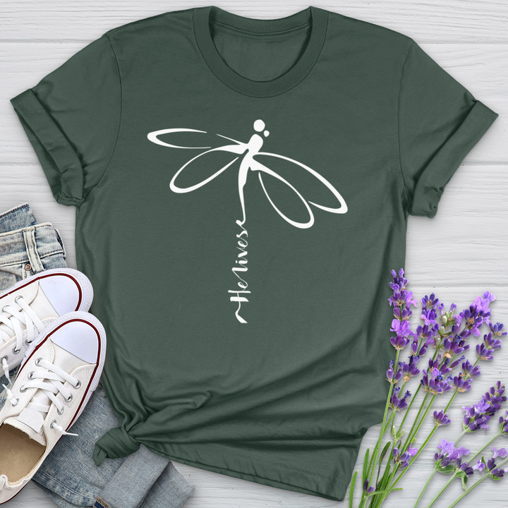 He Lives Dragonfly White Softstyle Tee