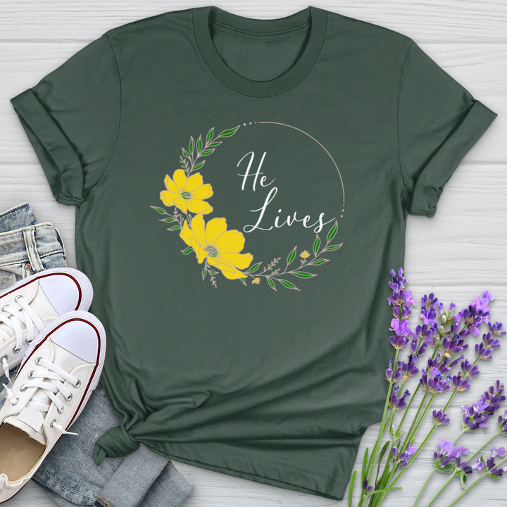 He Lives Flower Wreath Softstyle Tee