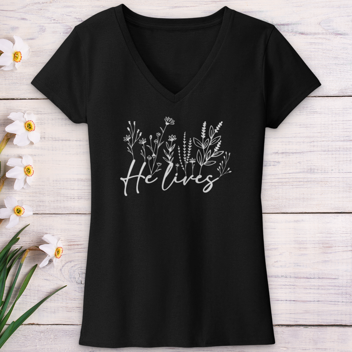 He Lives Wildflowers V-Neck Tee