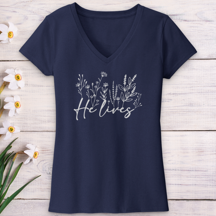 He Lives Wildflowers V-Neck Tee