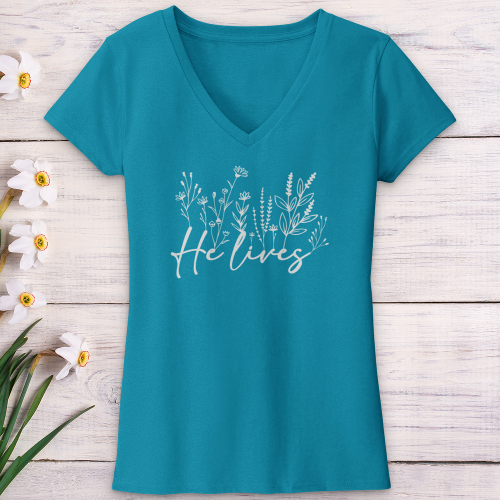 He Lives Wildflowers V-Neck Tee