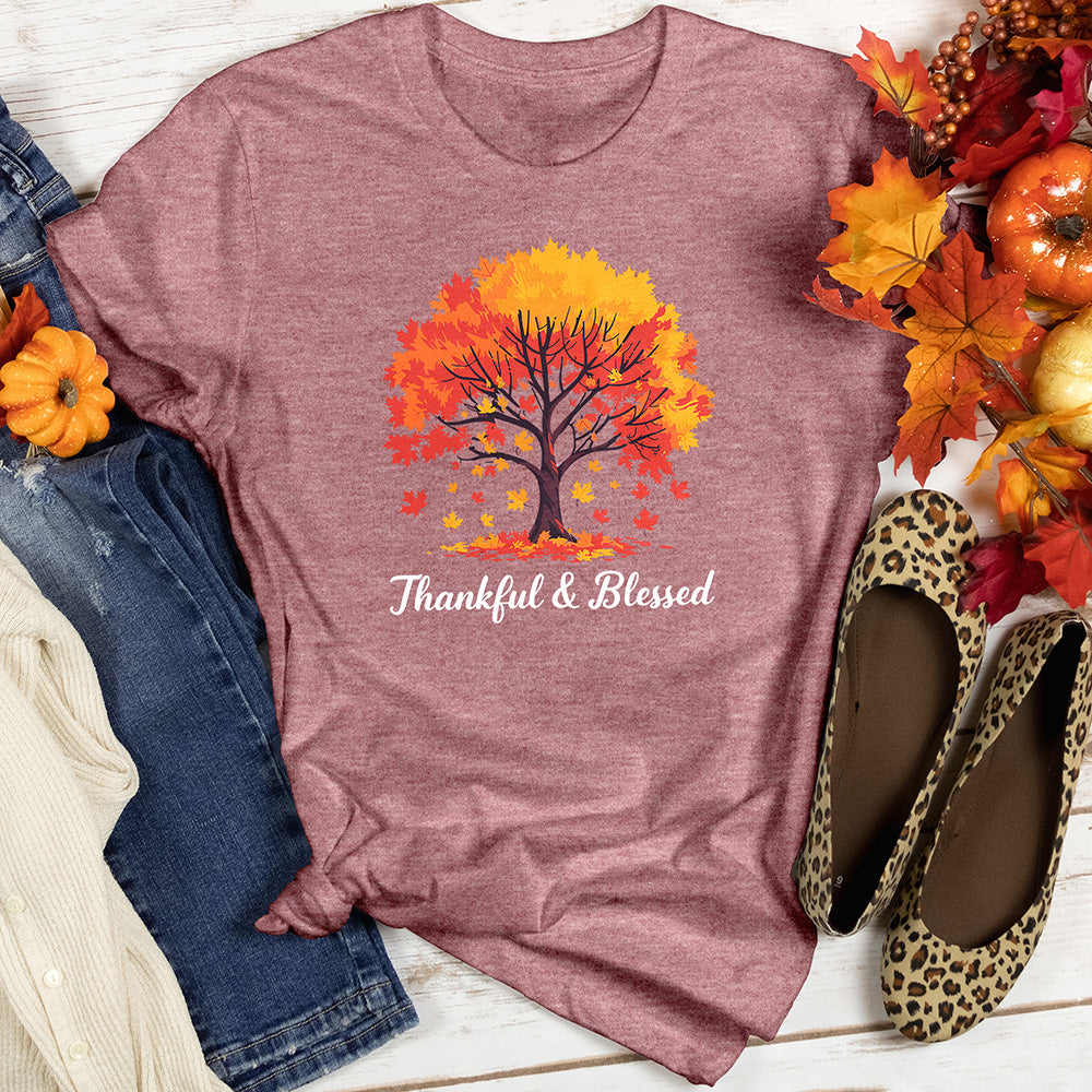 Thankful & Blessed Autumn Leaves Heathered Tee