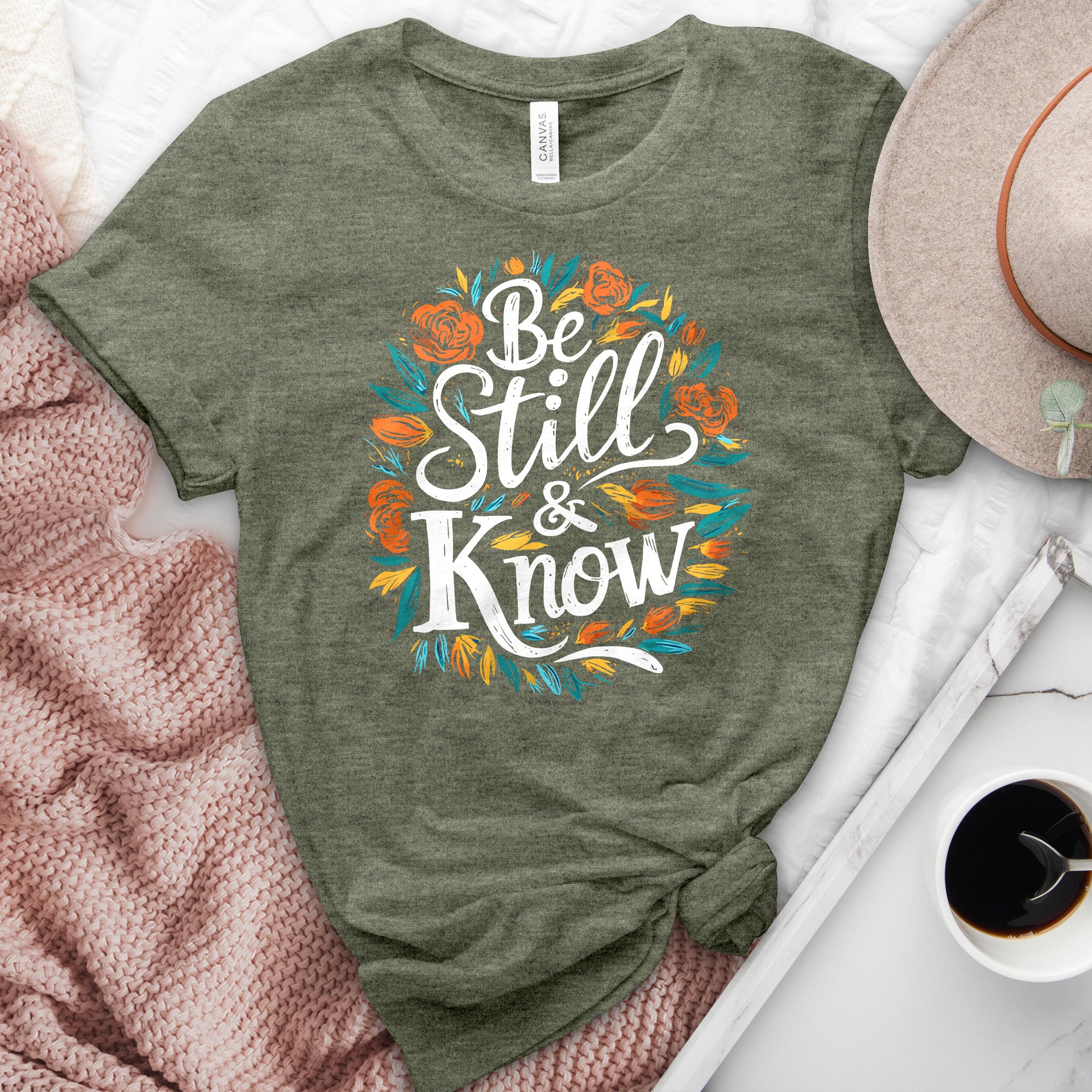 Be Still & Know Colorful Flower Heathered Tee