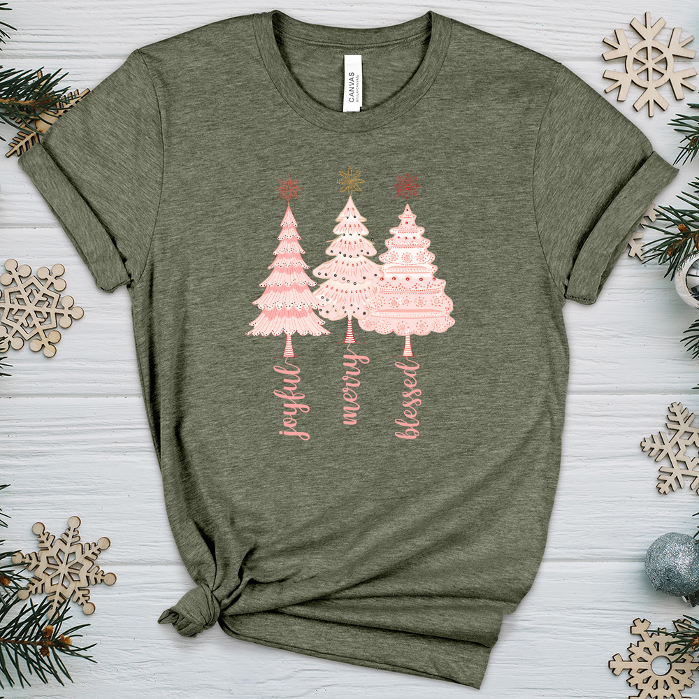 Vintage Snowflake Pink Tree Trio Heathered Tee