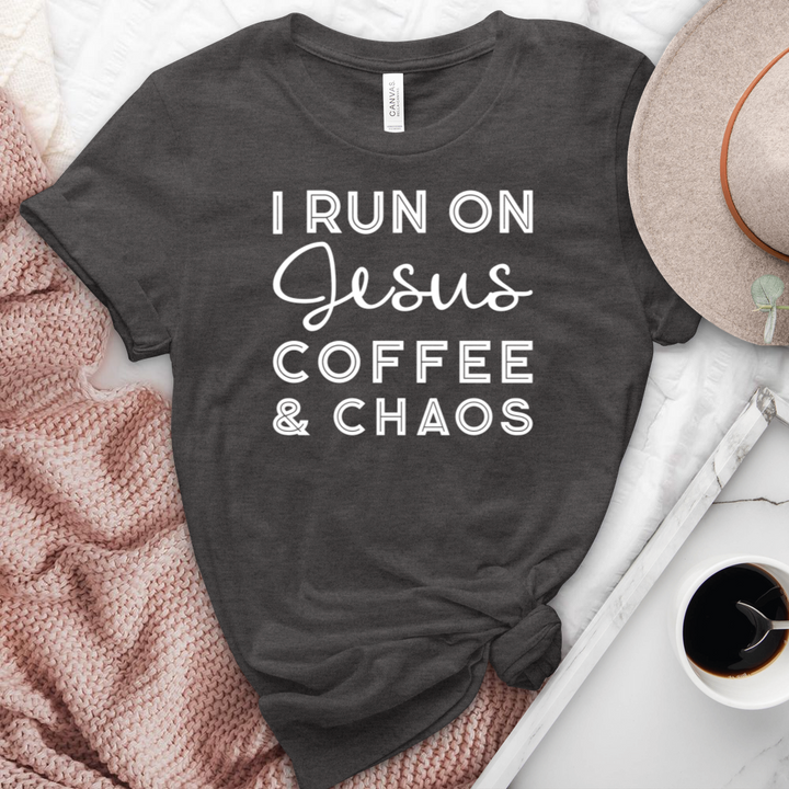 I Run On Coffee Jesus & Chaos Heathered Tee