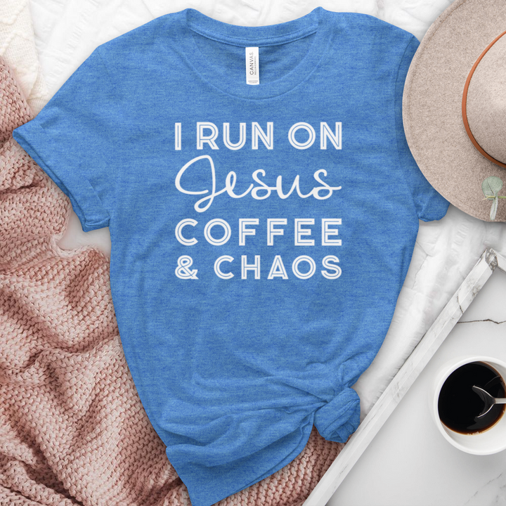 I Run On Coffee Jesus & Chaos Heathered Tee