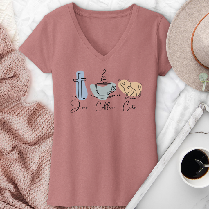 Jesus Coffee Cats V-Neck Tee