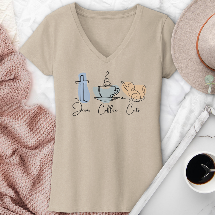 Jesus Coffee Cats V-Neck Tee