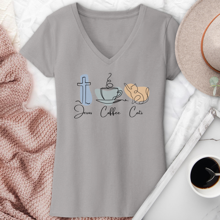 Jesus Coffee Cats V-Neck Tee