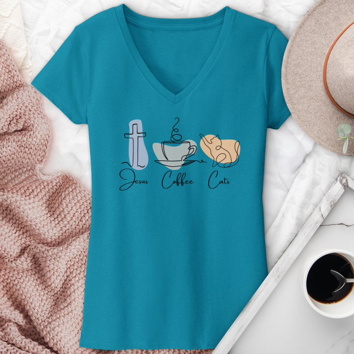 Jesus Coffee Cats V-Neck Tee