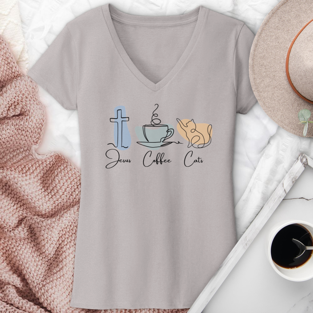 Jesus Coffee Cats V-Neck Tee