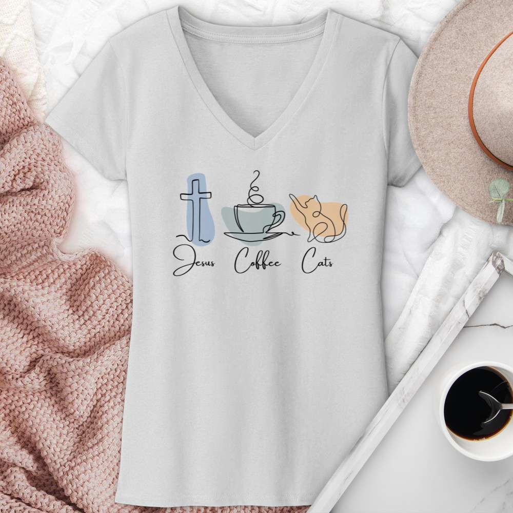 Jesus Coffee Cats V-Neck Tee