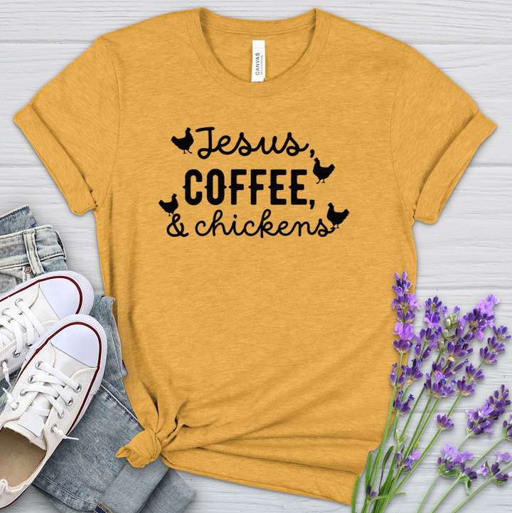 Jesus Coffee & Chickens Heathered Tee