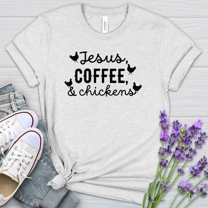 Jesus Coffee & Chickens Heathered Tee