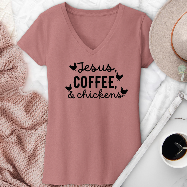 Jesus Coffee & Chickens V-Neck Tee