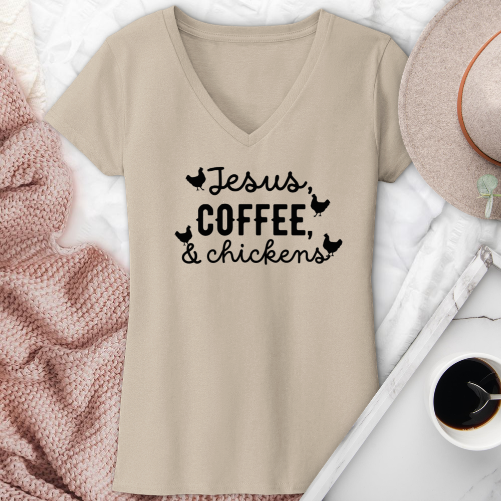 Jesus Coffee & Chickens V-Neck Tee