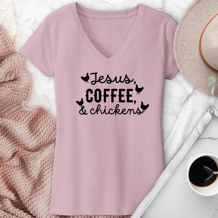 Jesus Coffee & Chickens V-Neck Tee