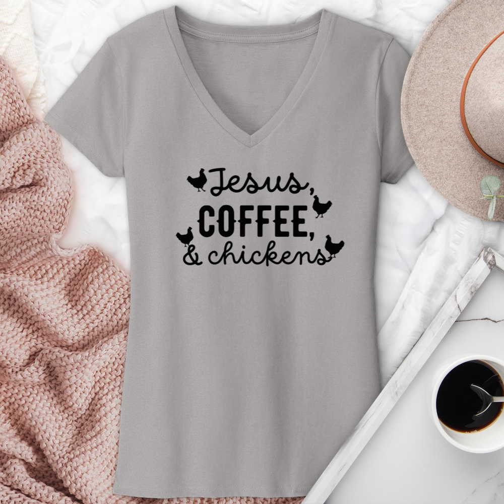 Jesus Coffee & Chickens V-Neck Tee