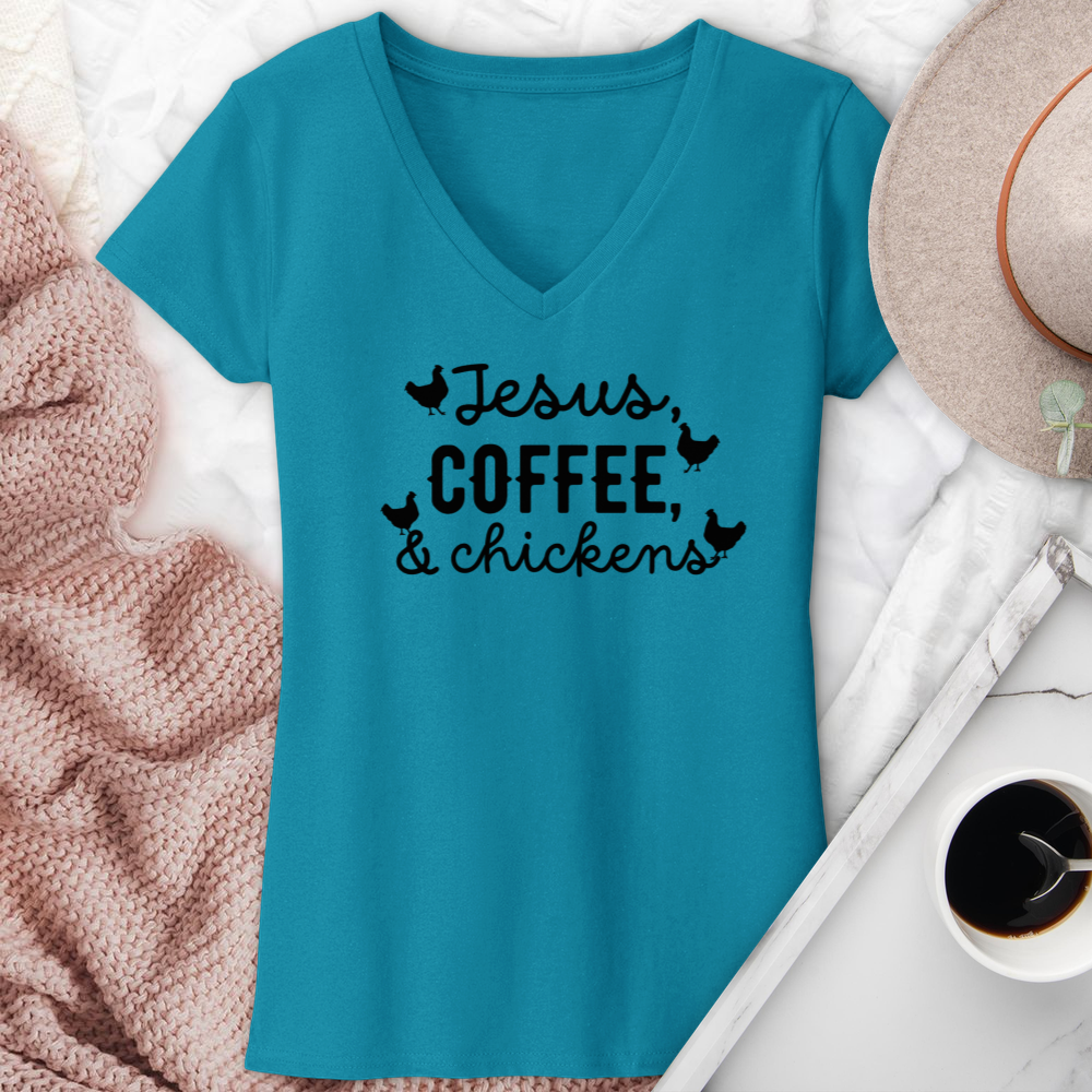 Jesus Coffee & Chickens V-Neck Tee