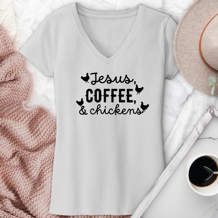 Jesus Coffee & Chickens V-Neck Tee