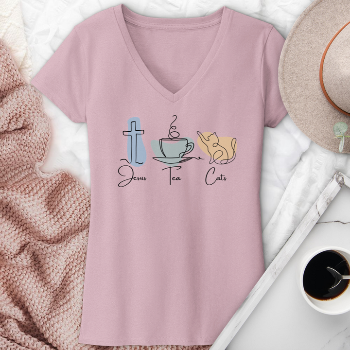 Jesus Tea Cats V-Neck Tee