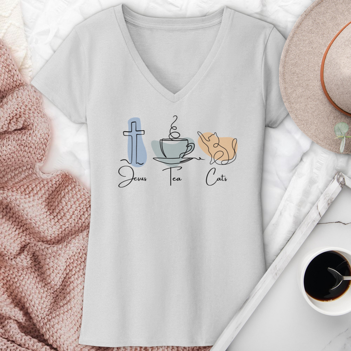 Jesus Tea Cats V-Neck Tee