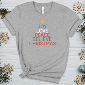 Joy Love Peace Believe Christmas Heathered Tee